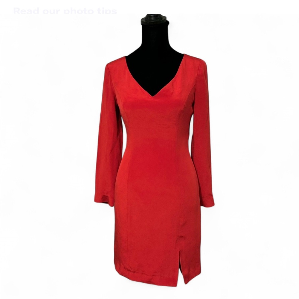 HUGO BUSCATI COLLECTION Red 100% Silk Dress 4,VNeck Long Sleeves W/Side Split.